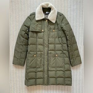 J. Crew khaki green down coat with shearling collar